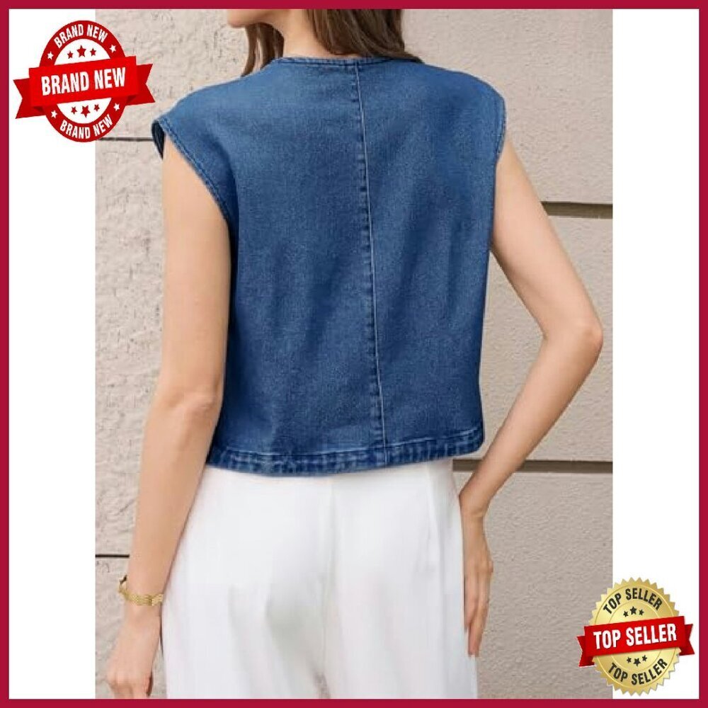 Cropped Denim Vest Cap Sleeve Button Down Summer Casual Waistcoat - Picture 3 of 8